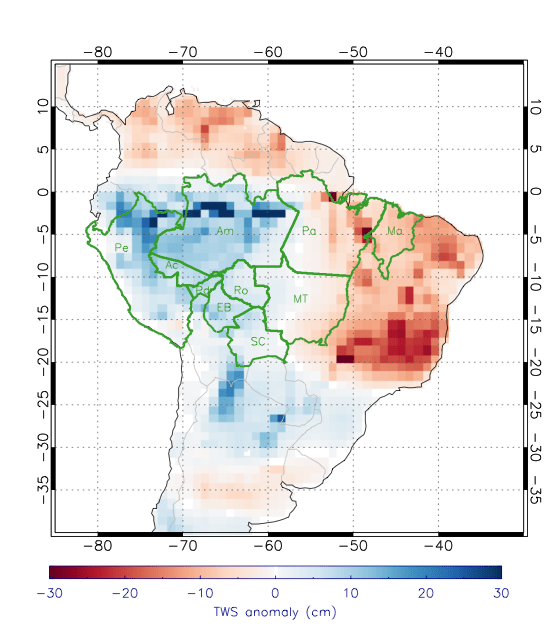 April 2015 ground and surface water anomalies map for South America