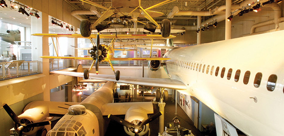 Several historic aircraft are shown on display at the Virginia Air & Space Center.