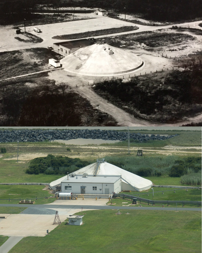 Aerial views of NASA's Wallops Flight Facility in Wallops Island, Virginia in 1960 and 2015.