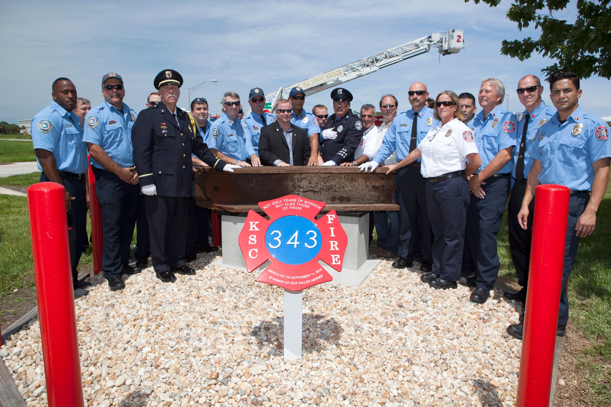 World Trade Center I-beam arrives at Kennedy Space Center.