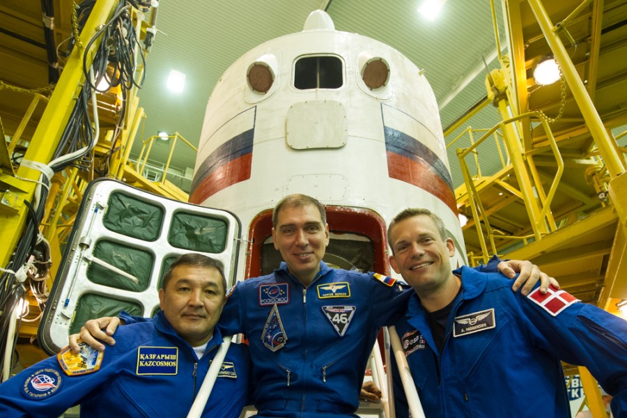 Soyuz crew (left to right) Aidyn Aimbetov, Sergey Volkov and Andreas Mogensen are set to launch at 12:37 a.m. Sept 2.