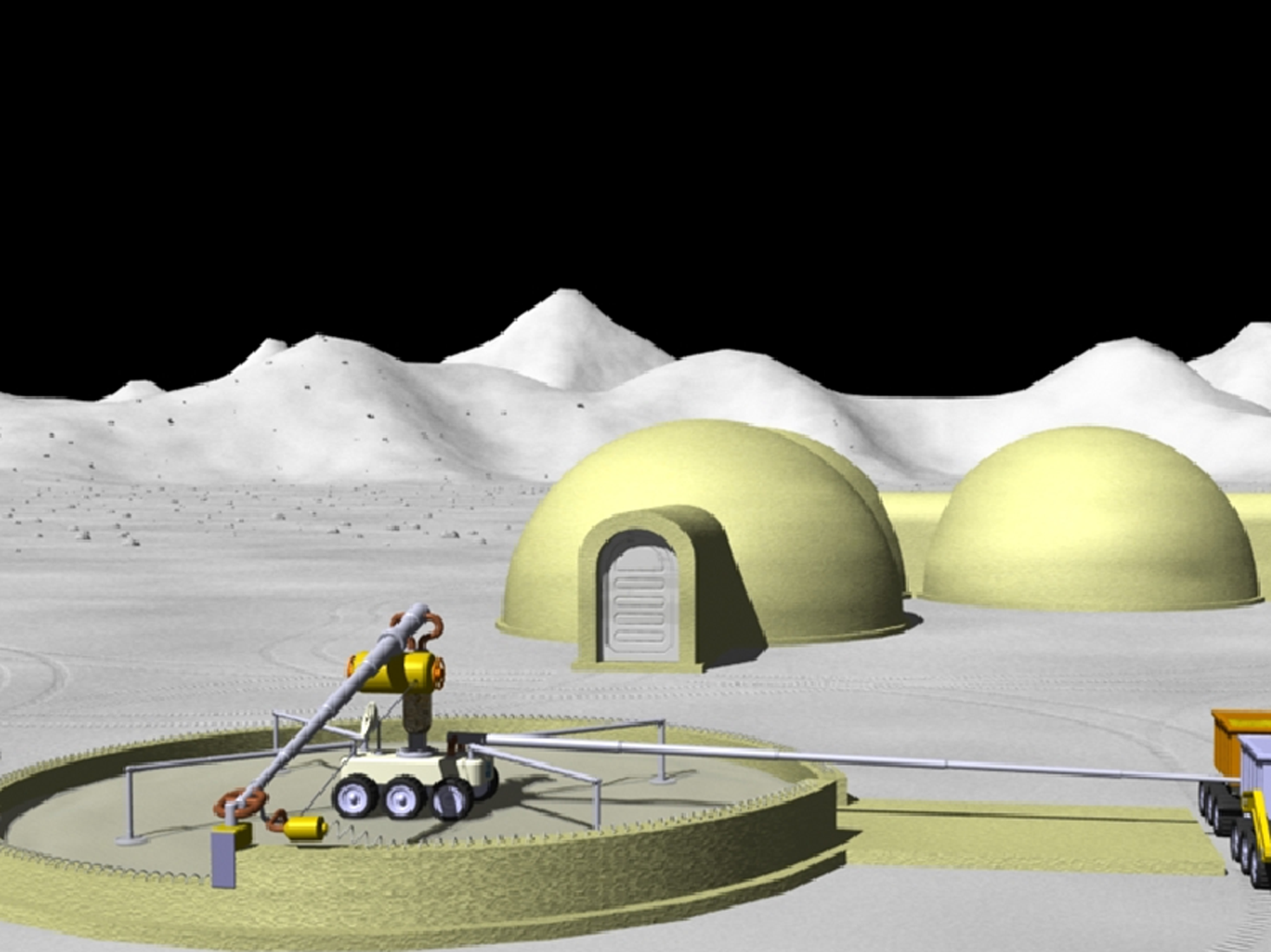 An artist's rendition of what building a structure using on-site regolith and additive manufacturing might look like. 