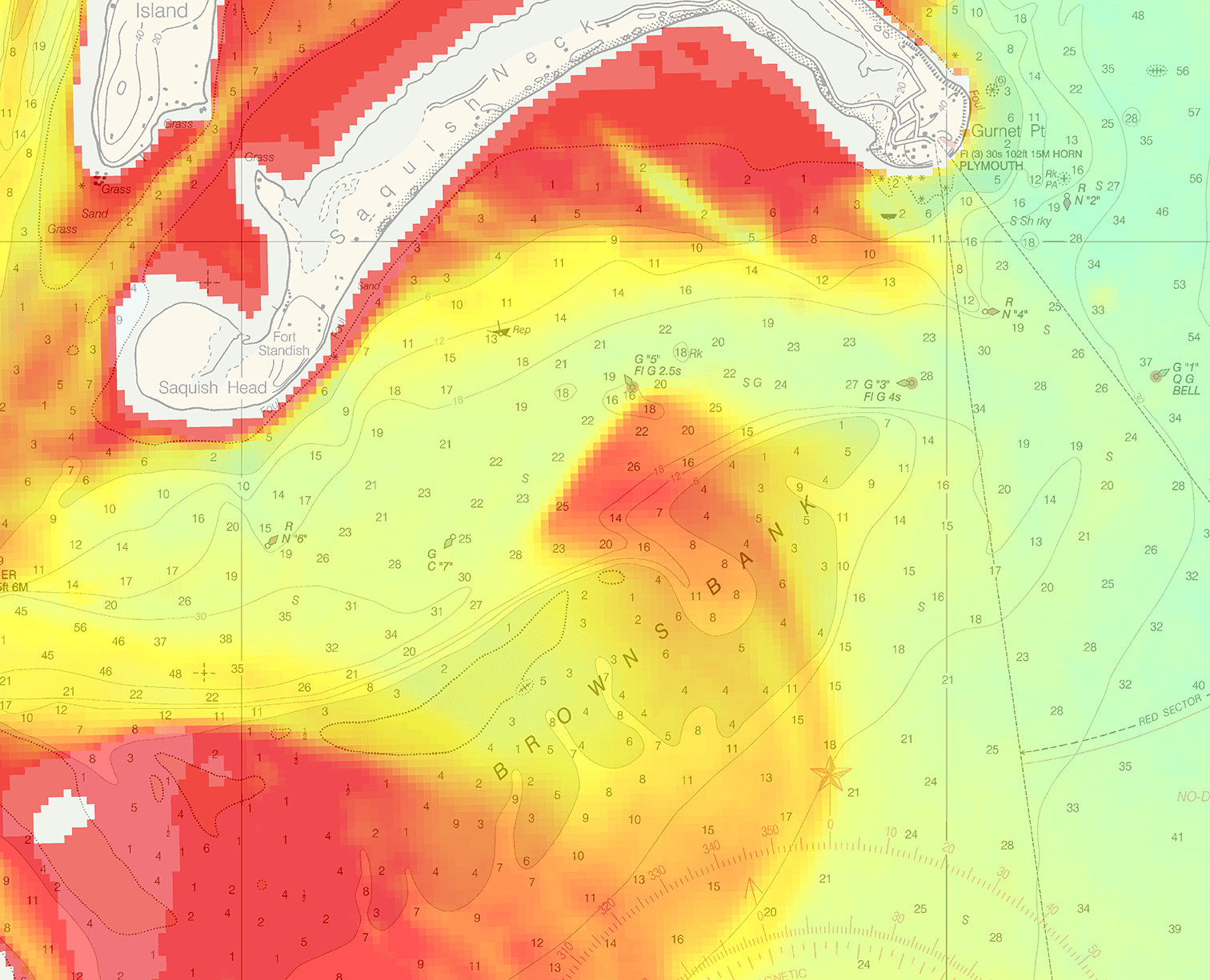 red and green image of nautical chart showing depth