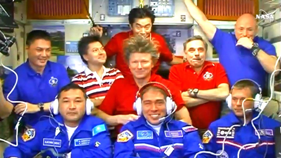 Nine astronauts and cosmonauts aboard the International Space Station in September 2015