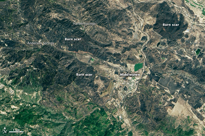 Natural color image from Landsat of the California towns that were fire scarred