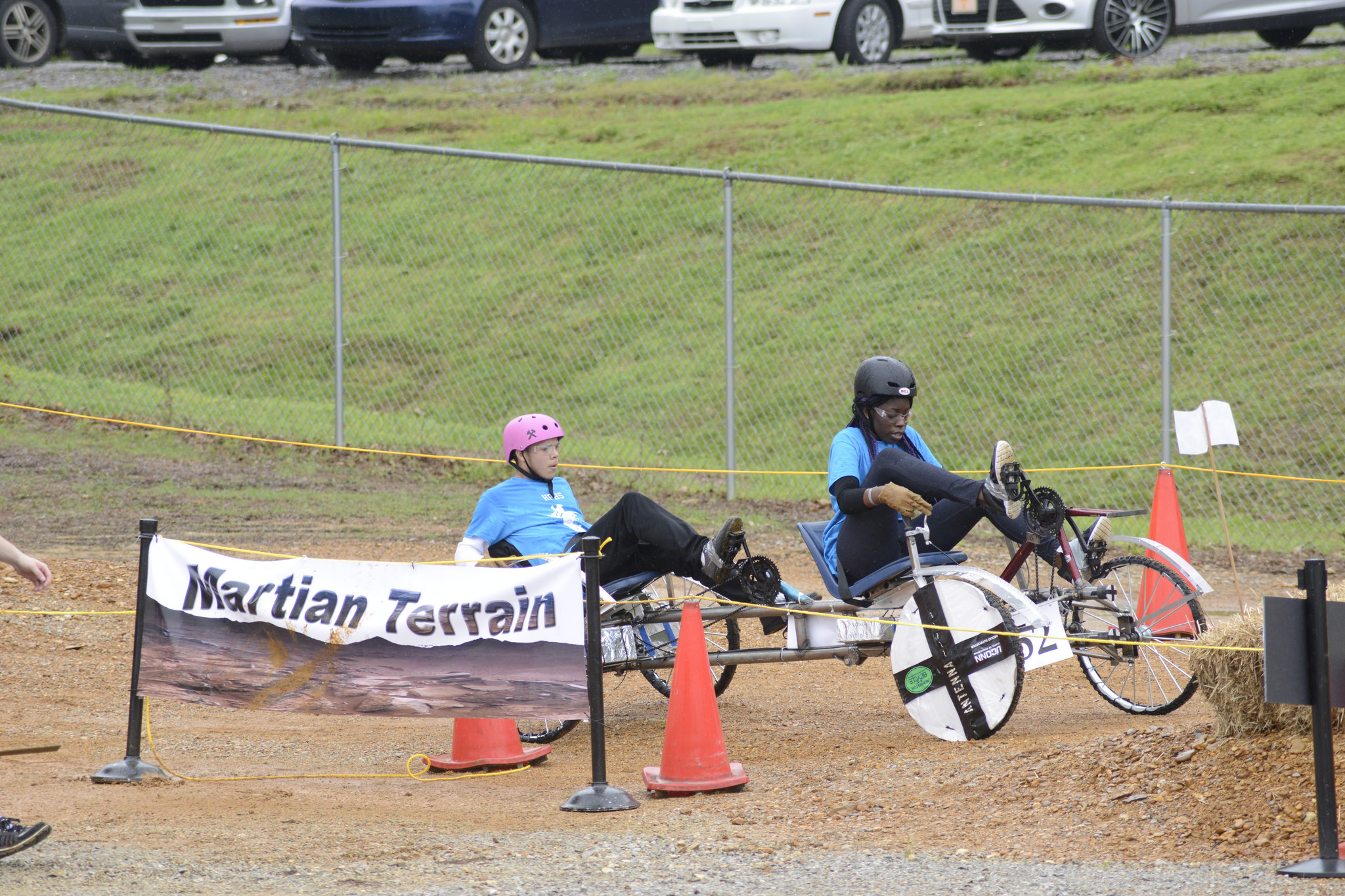 Students from the Hartford Public High School Academy of Engineering and Green Technology approach an obstacle.