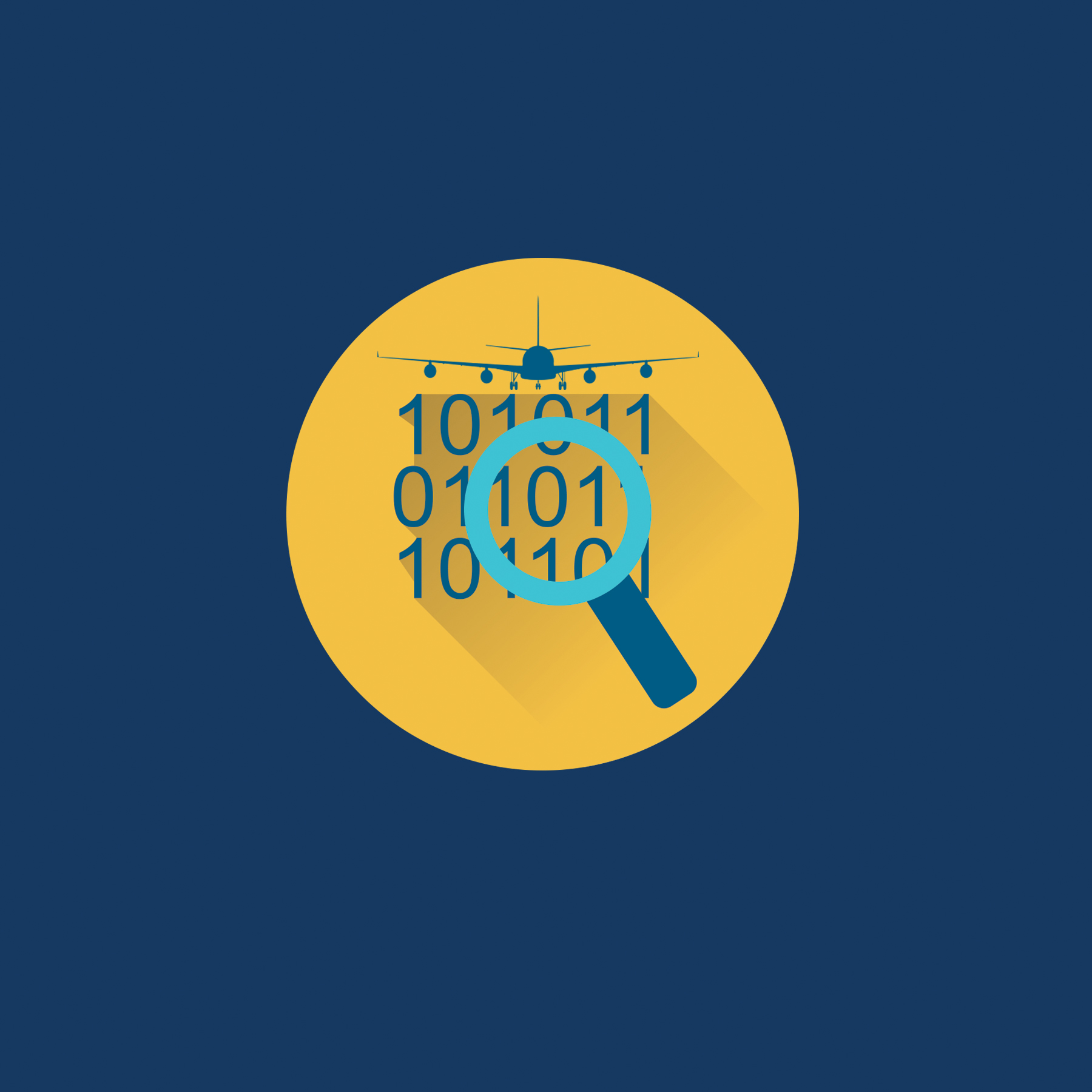 A front view of an airplane over a series of 0's and 1's suggesting digital aviation research.