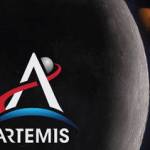 The symbol for the Artemis Program is a blue Earth with an A on top and a red swoosh that goes past the Moon toward Mars.