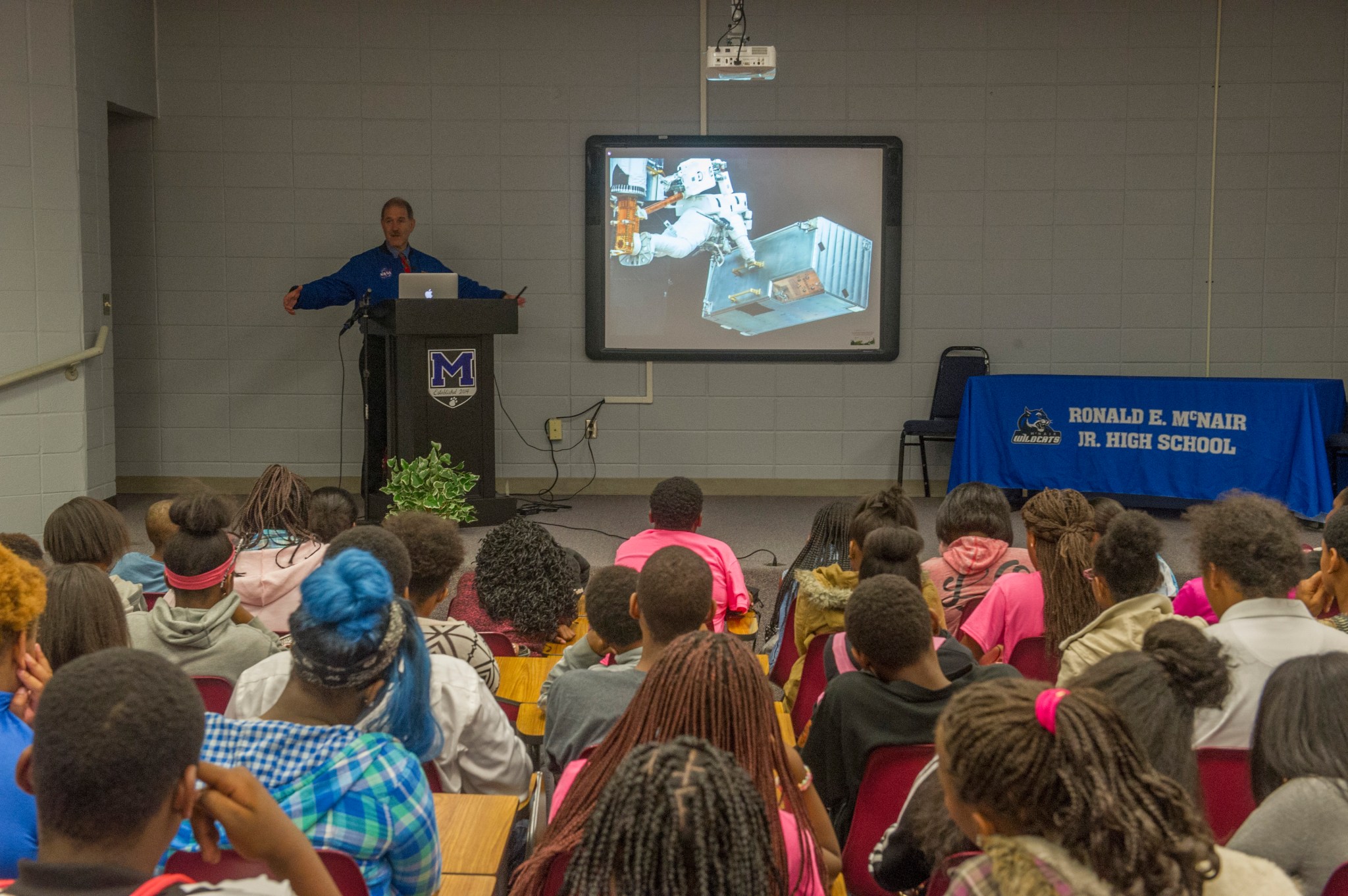 Grunsfeld speaks before a student assembly Oct. 2 at Ronald E. McNair Junior High School in Huntsville.