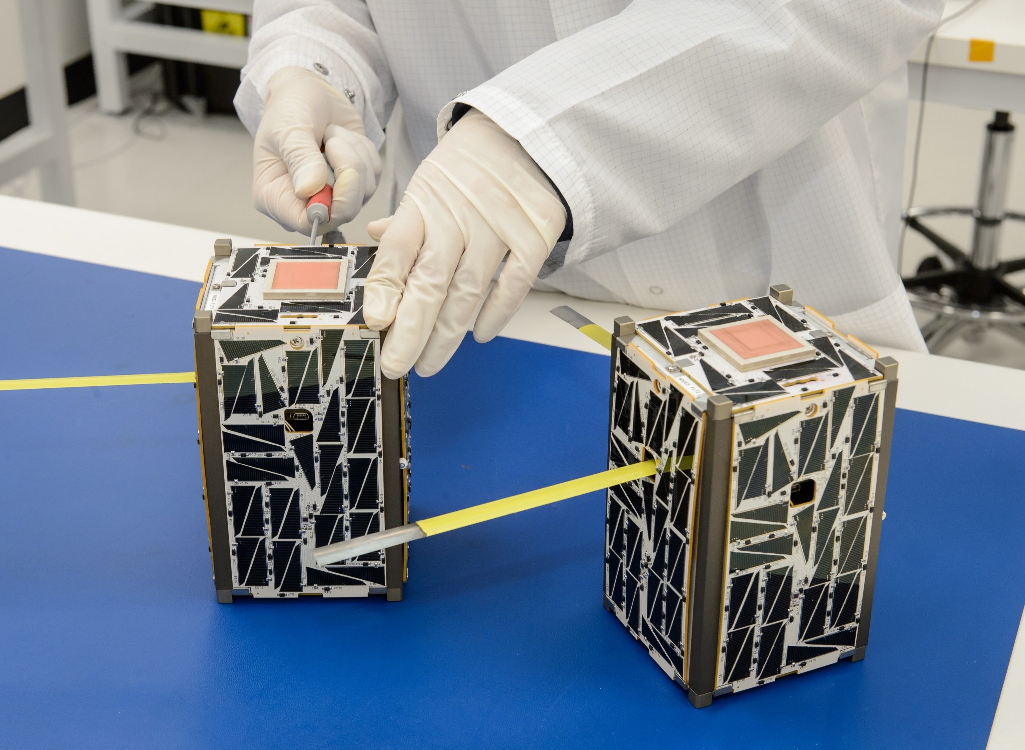 Nodes CubeSats undergo final inspection at NASA's Ames Research Center in Moffett Field, California.