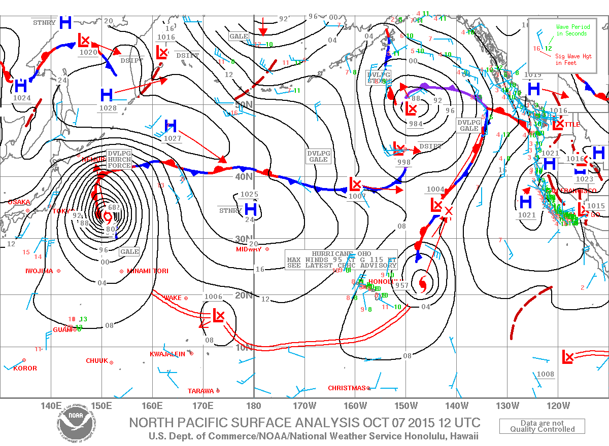 This NPAC map shows the position of Hurricane Oho and a low pressure area to its northeast.