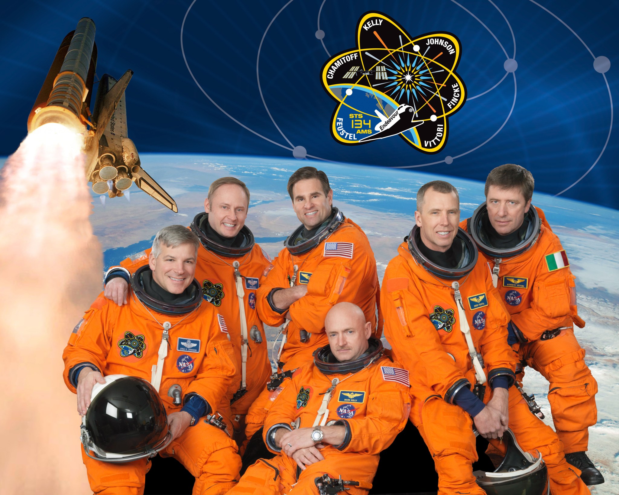 Portrait of STS-134 crew with mission patch and shuttle in background.