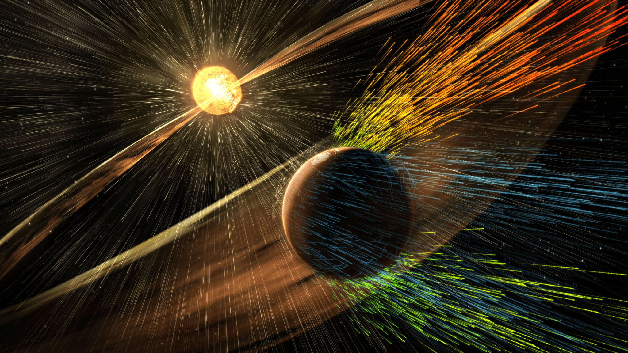Artist’s rendering of a solar storm hitting Mars and stripping ions from the planet's upper atmosphere. 