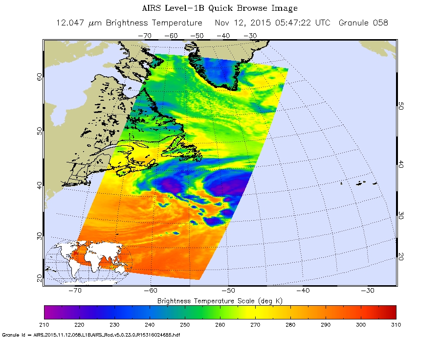 Aqua satellite showed fragmented strong storms east and north of Kate's center.