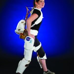 NASA Project Engineer Shelley Rea demonstrates the X1 Robotic Exoskeleton