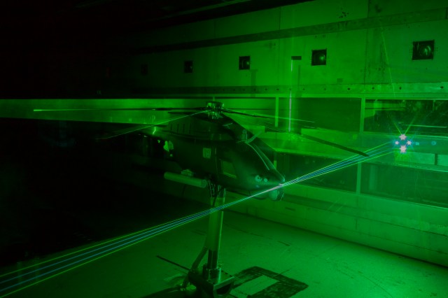 U.S. Army 37% scale powered model of Army Kiowa Warrior helicopter at NASA Langley's 14 by 22 Foot Subsonic Tunnel, 2013.