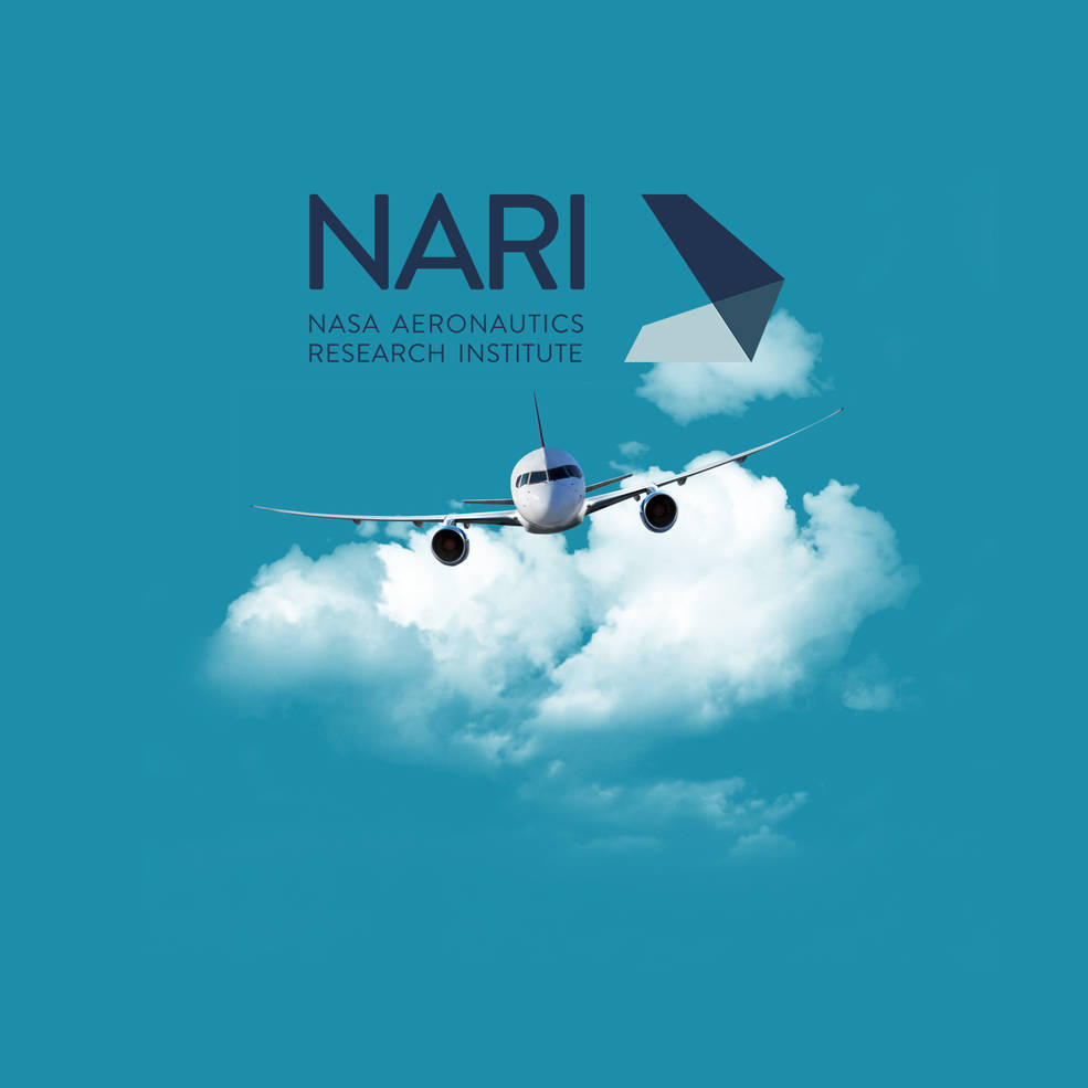 NASA Aeronautics Research Institute Logo above an airplane flying in the sky.