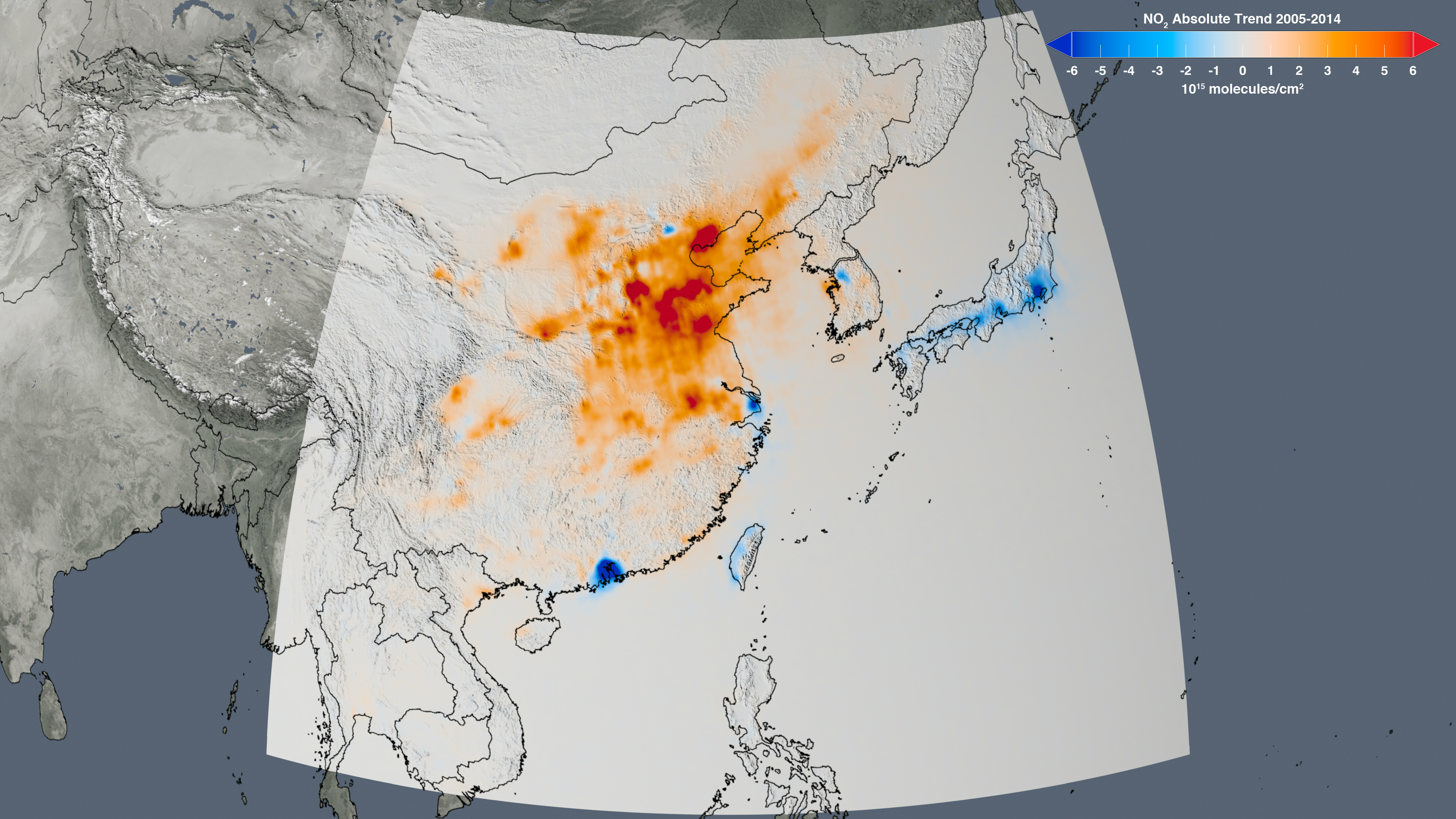 The trend map of East Asia shows the change in nitrogen dioxide concentrations
