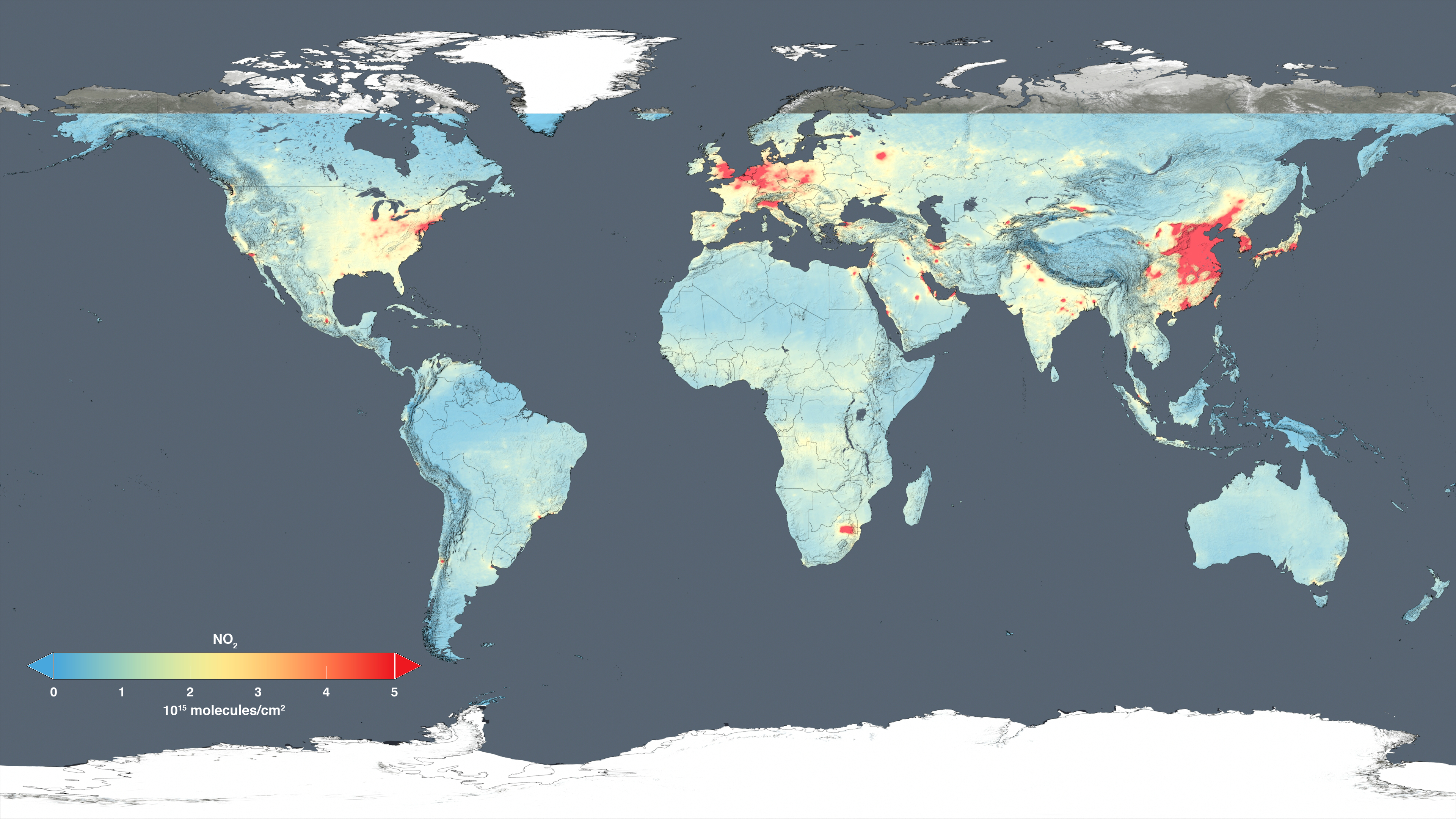 This global map shows the concentration of nitrogen dioxide in the troposphere
