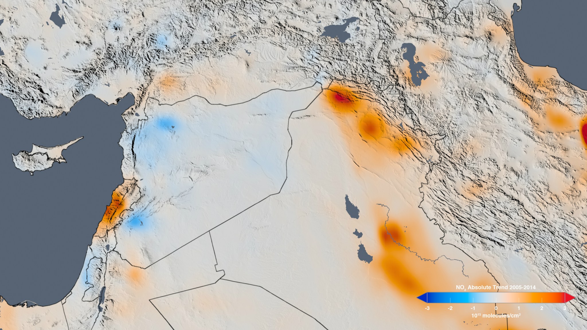 The trend map of the Middle East shows the change in nitrogen dioxide concentrations from 2005 to 2014.