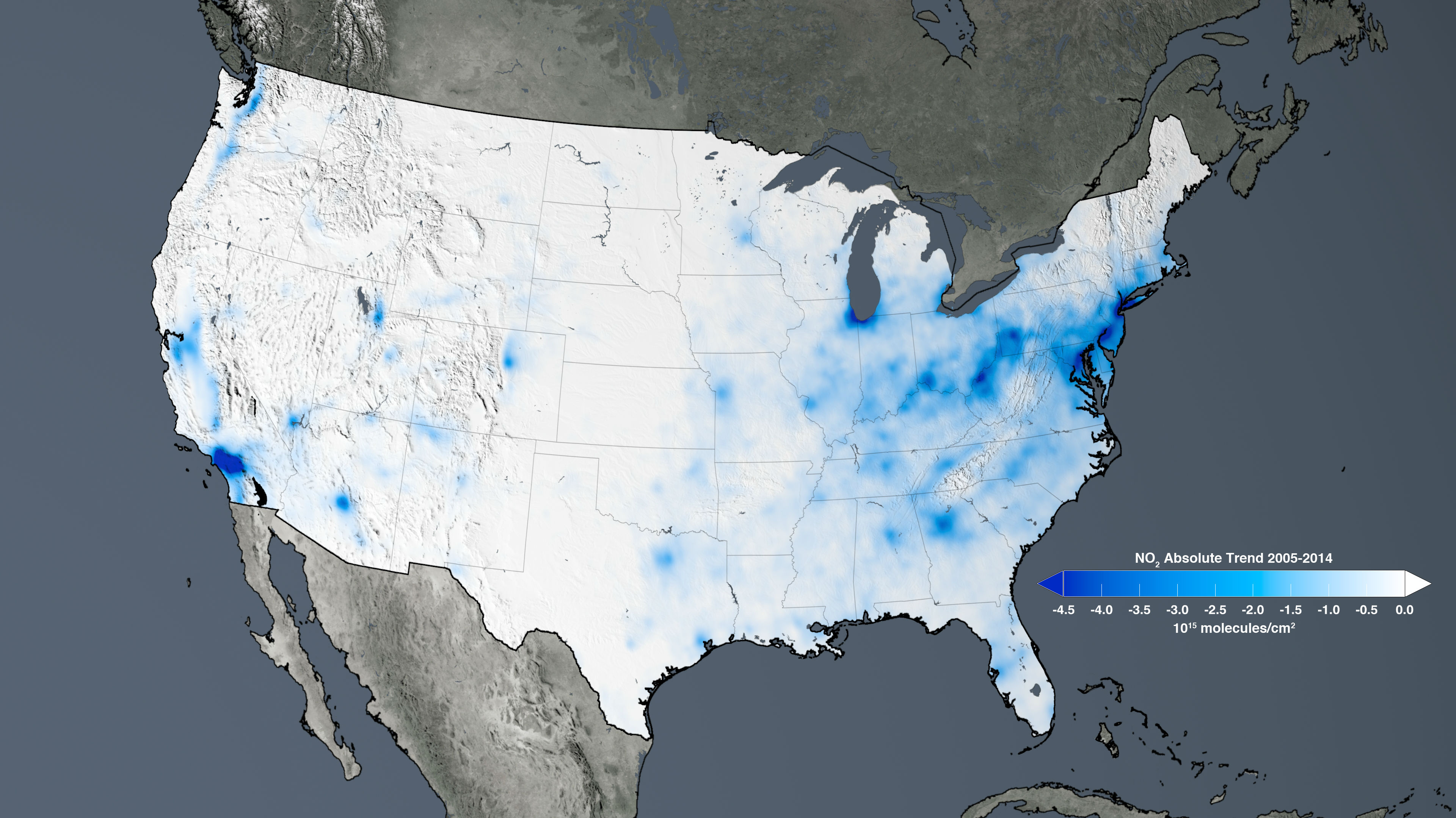 The trend map of the United States shows the large decreases in nitrogen dioxide concentrations tied to environmental regulation