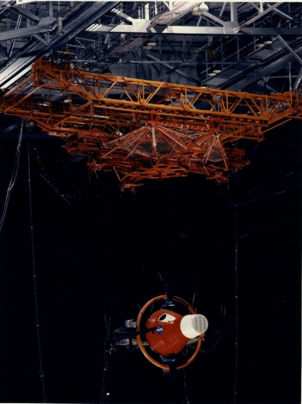The Rendezvous Docking Simulator hung from the ceiling of the hangar at NASA Langley Research Center.