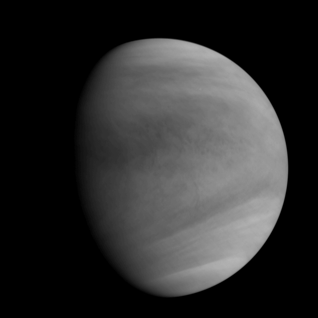 This image of Venus was captured by the Akatsuki spacecraft’s Ultraviolet Imager (UVI), at around 12:19 a.m. EST (2:19 p.m. JST)