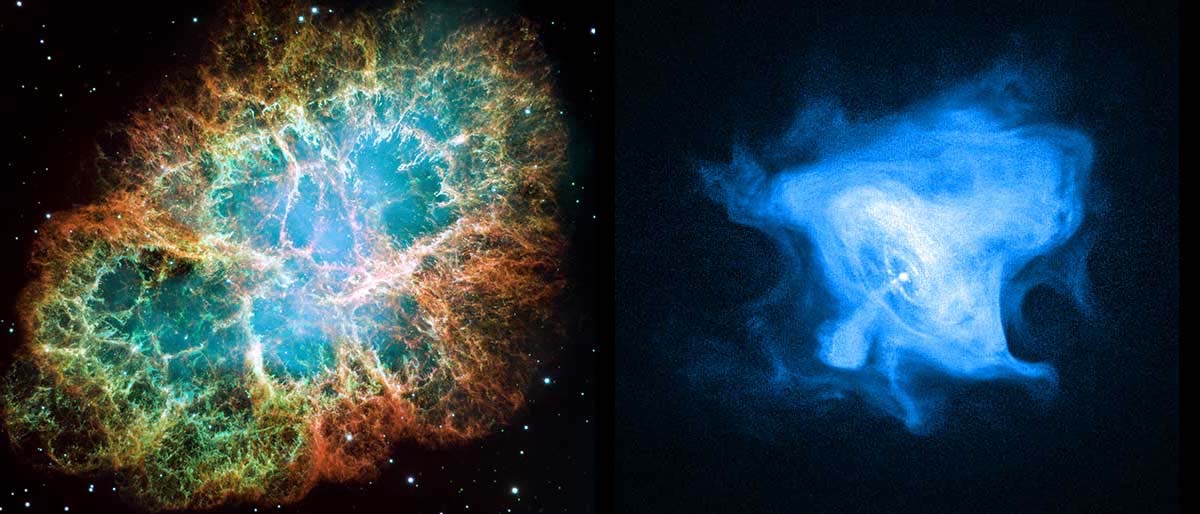 Two pictures of the Crab Nebula, one in visible light that is colorful and the other in an X-ray that is blue