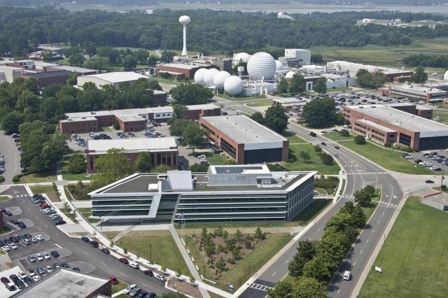 Aerial of NASA Langley Research Center with headquarter building in the fore ground