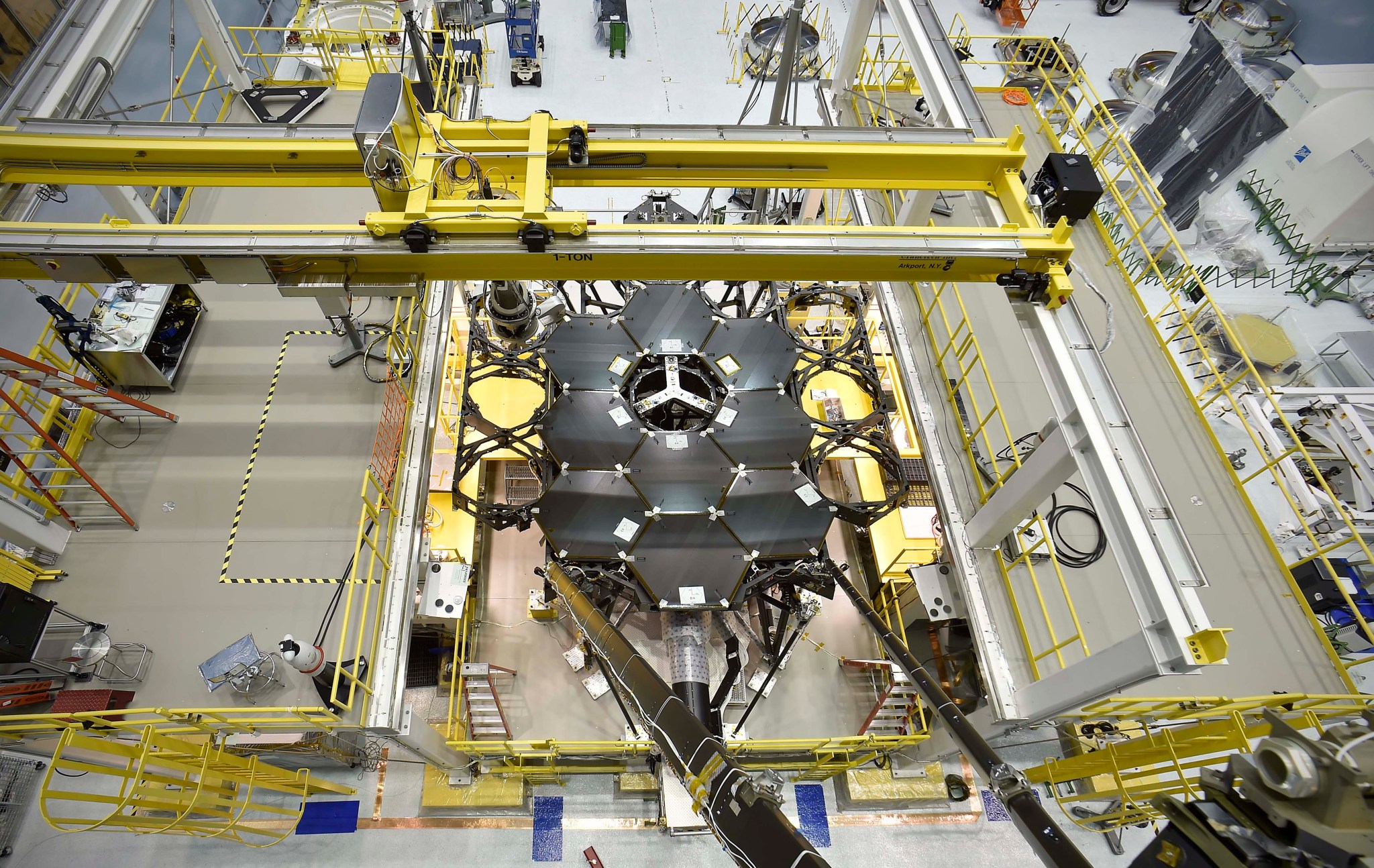 nine primary JWST flight mirrors installed on telescope structure