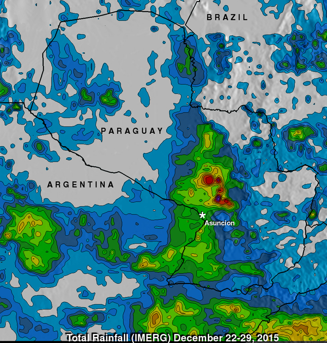 map of Paraguay with color plot of rainfall, blue-green-red