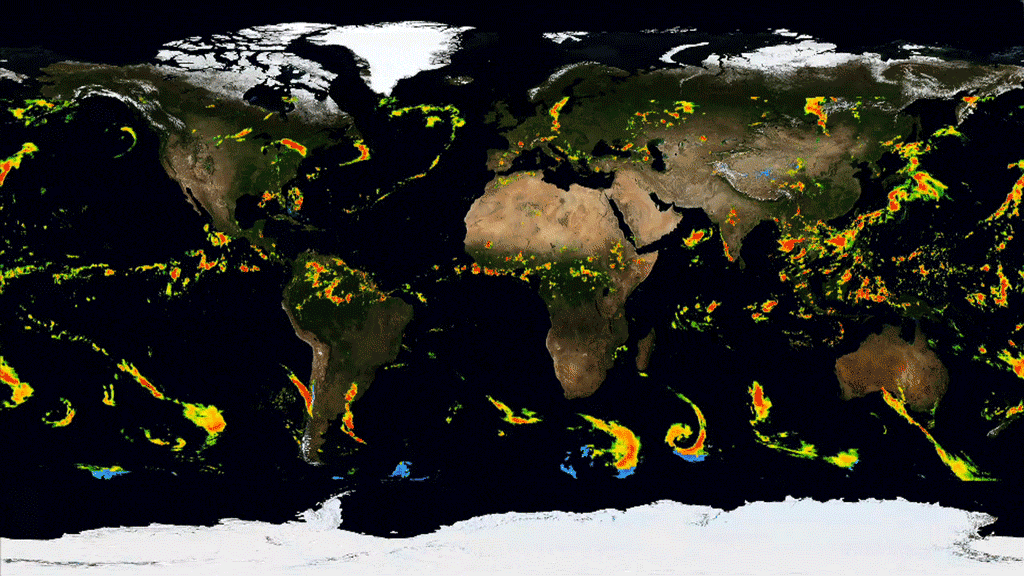 animated color Earth with oceans in black, rainfall in colors