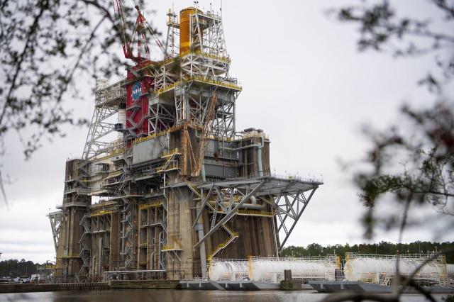Barges are docked at the B-2 Test Stand at Stennis Space Center on Dec. 4, 2020, in preparation for upcoming Green Run test activities.