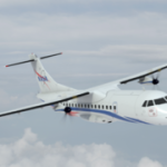 Artist illustration of a turboprop aircraft in flight.