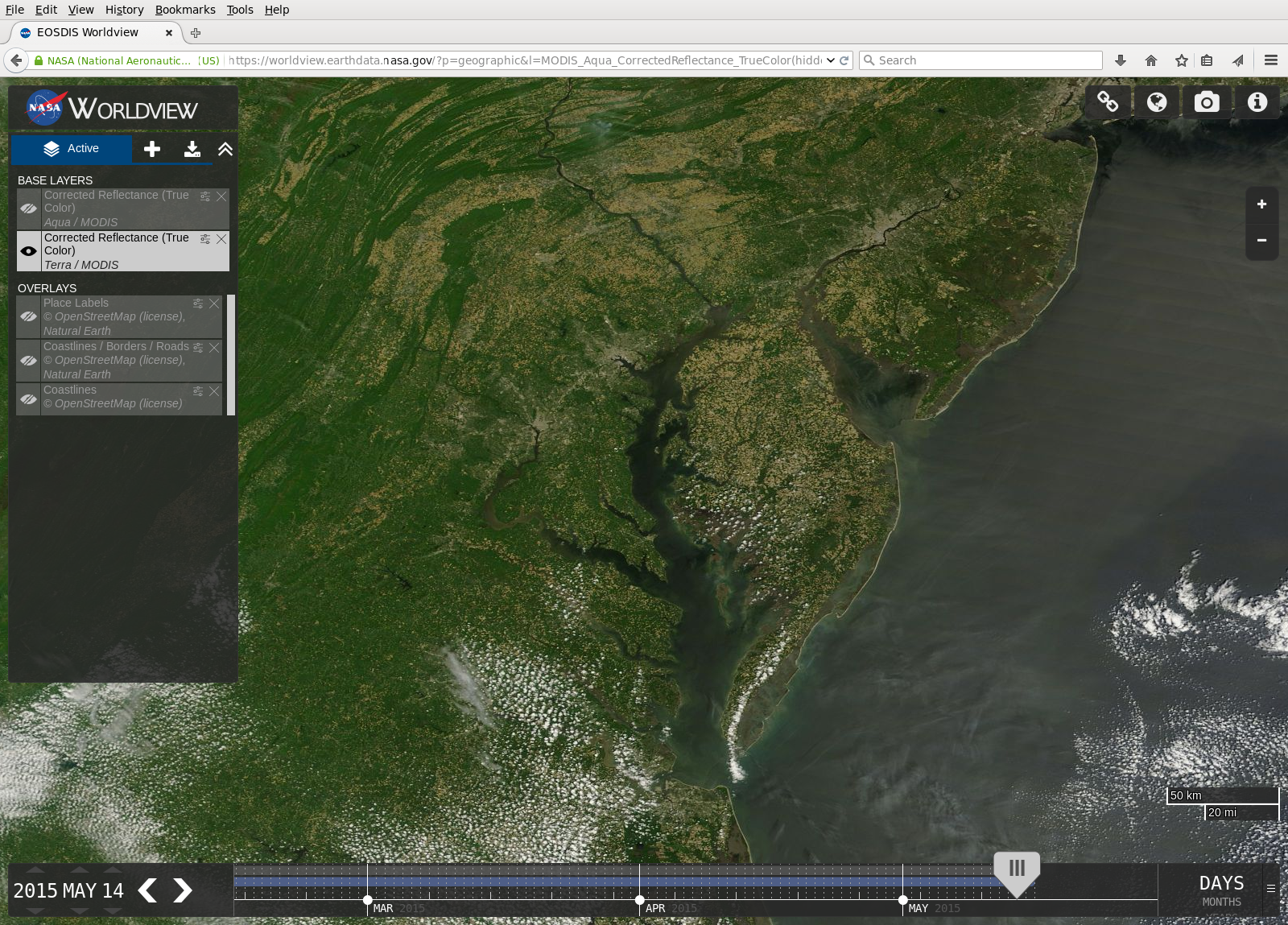 NASA's Worldview web page zoomed to the region around Goddard Space Flight Center