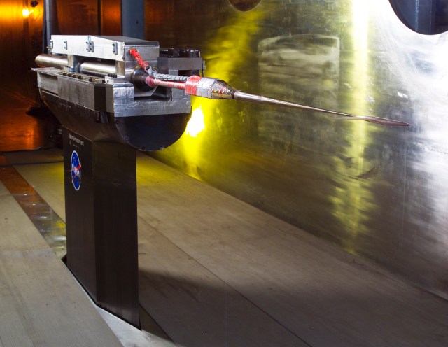 Sonic Boom Model positioned inside the 10x10 supersonic wind tunnel.
