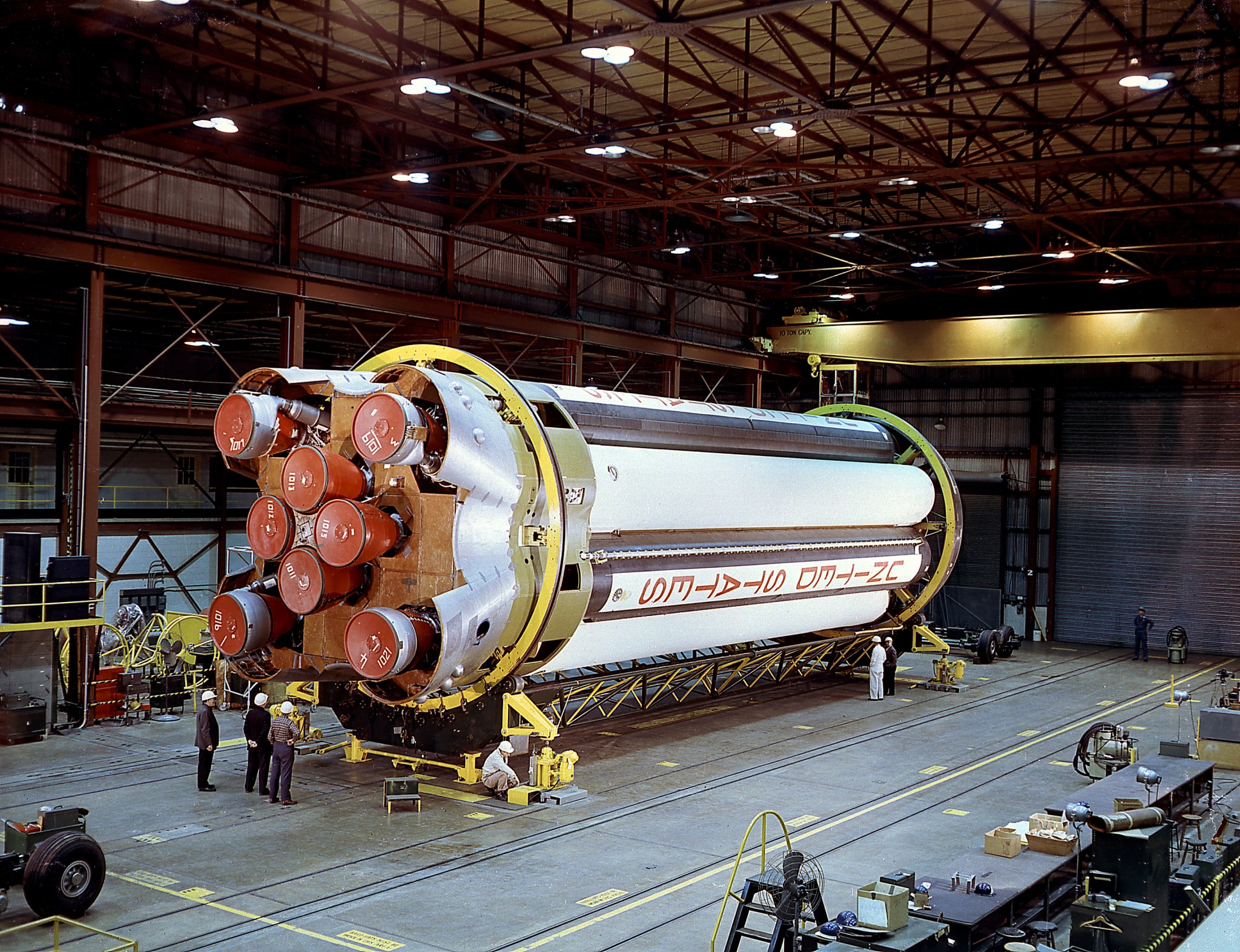 This week in 1961, NASA Marshall Space Flight Center engineers readied the Saturn I S-I stage for checkout in Building 4705.