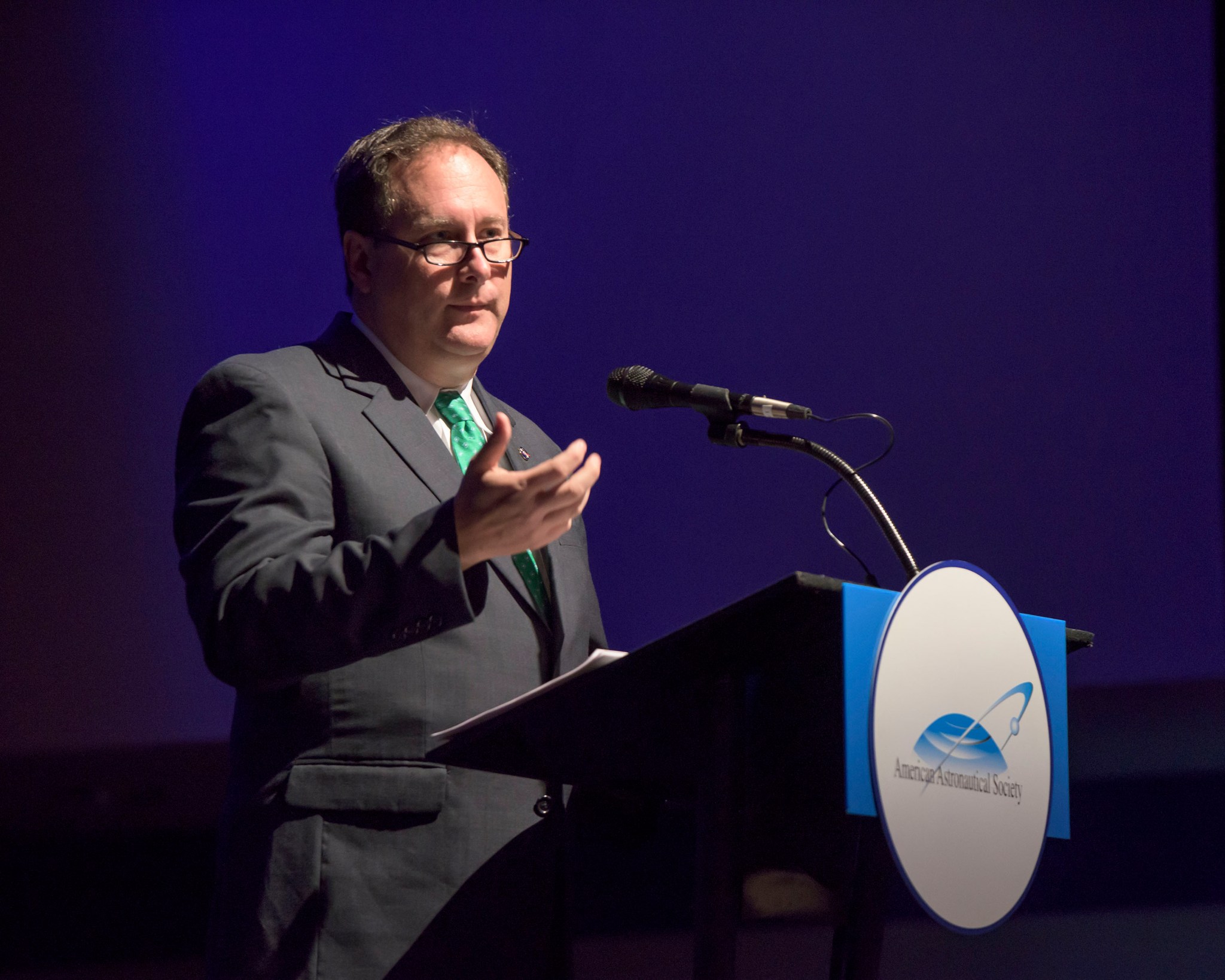 NASA Associate Administrator Robert Lightfoot gives the keynote speech during the Wernher von Braun Memorial Symposium.