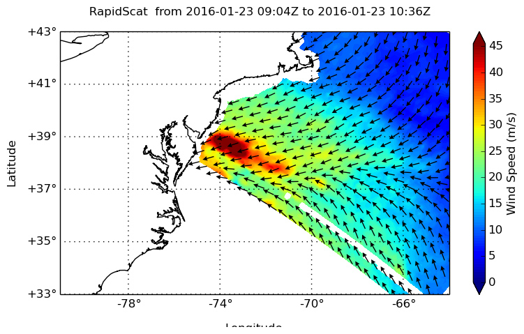 RapidScat image of the Blizzard of 2016 map of wind speed with arrows