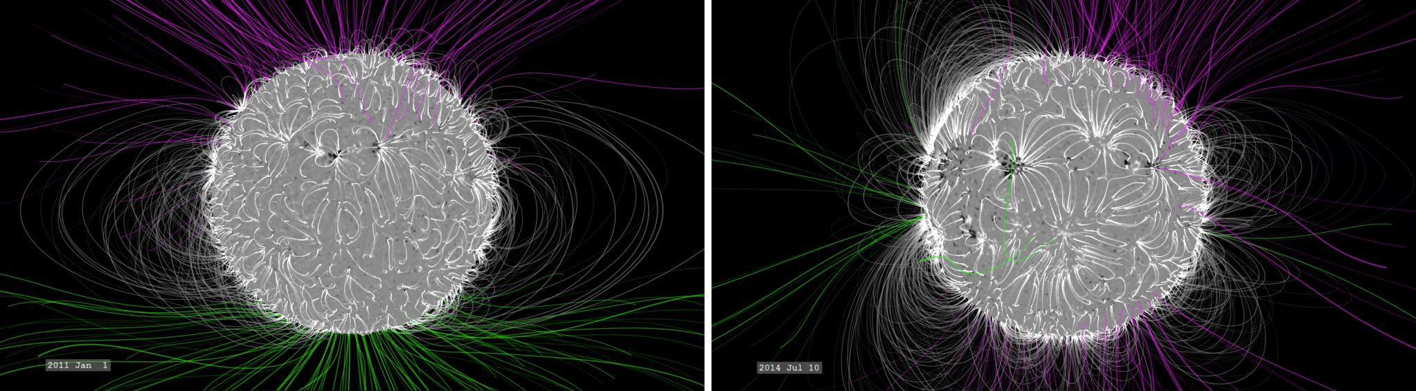 comparison of solar magnetic field lines in 2011 (left) and 2014