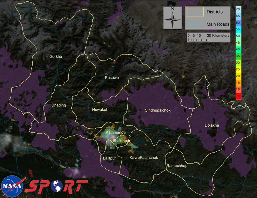 Image shows a decrease in emitted light over Nepal
