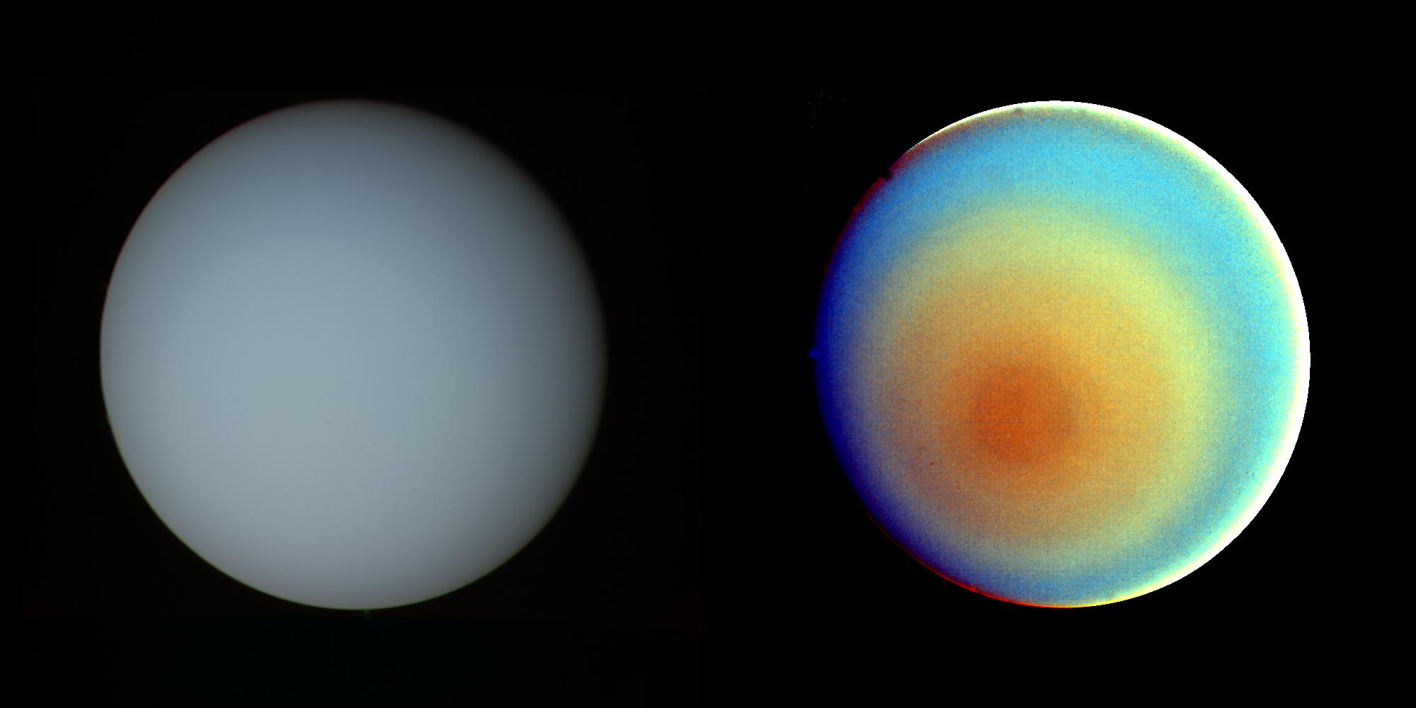 False-color and contrast-enhanced image of Uranus