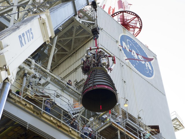 Engine No. 2059 is hoisted on the A-1 Test Stand at Stennis Space Center