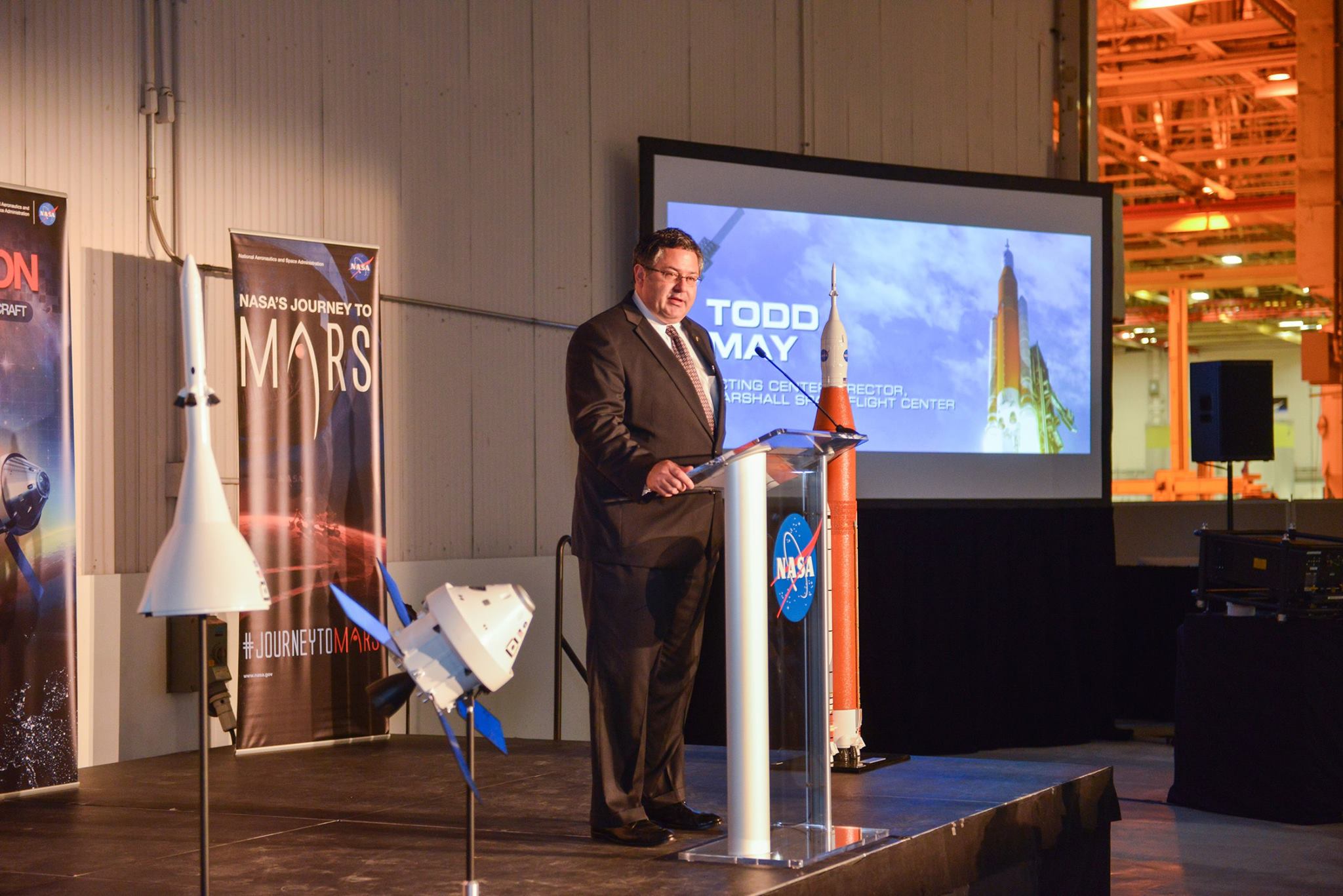 Todd May, NASA Marshall Space Flight Center’s acting center director, welcomes guests Jan. 26 at the Michoud Assembly Facility.