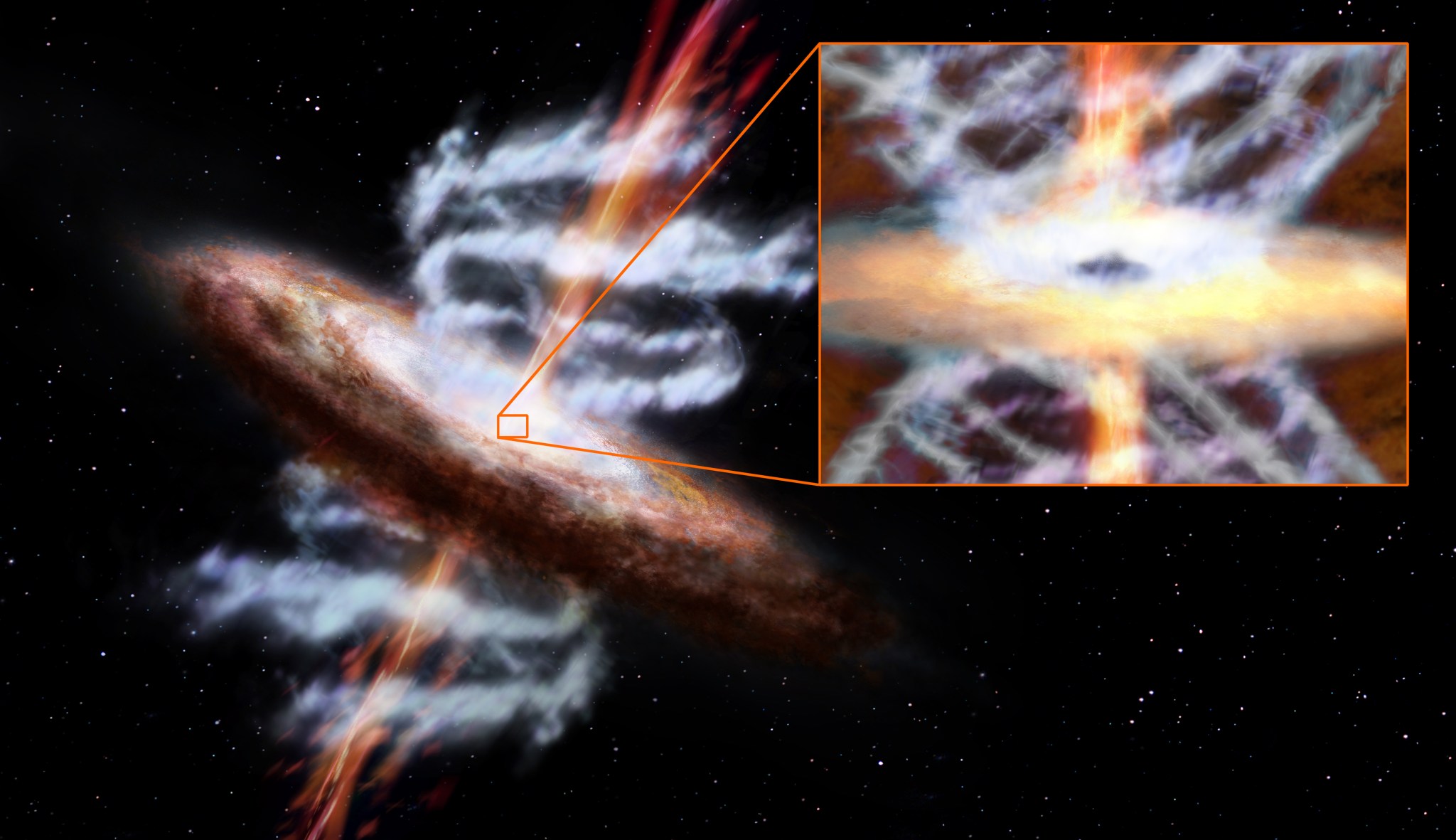 artist concept of galaxy and jets from its supermassive black hole