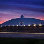 This is a photo of NASA Langley Research Center's hangar at dusk.