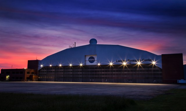 This is a photo of NASA Langley Research Center's hangar at dusk.