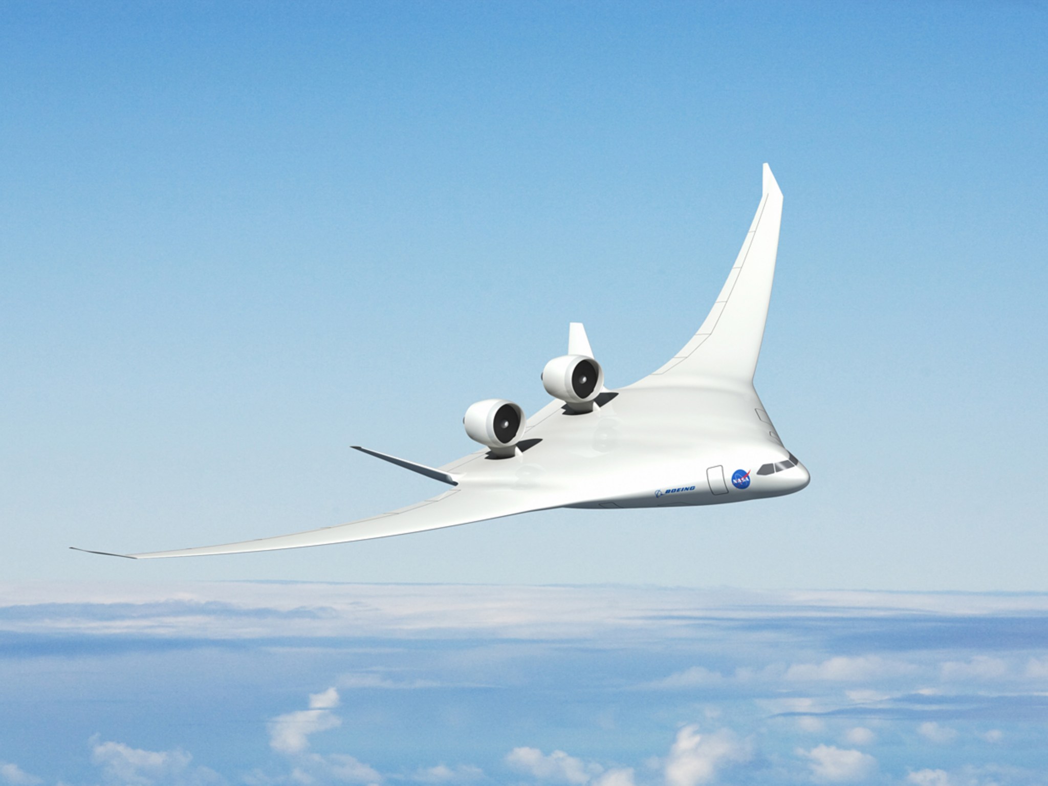 Artist concept of the BWB in flight against blue skies.