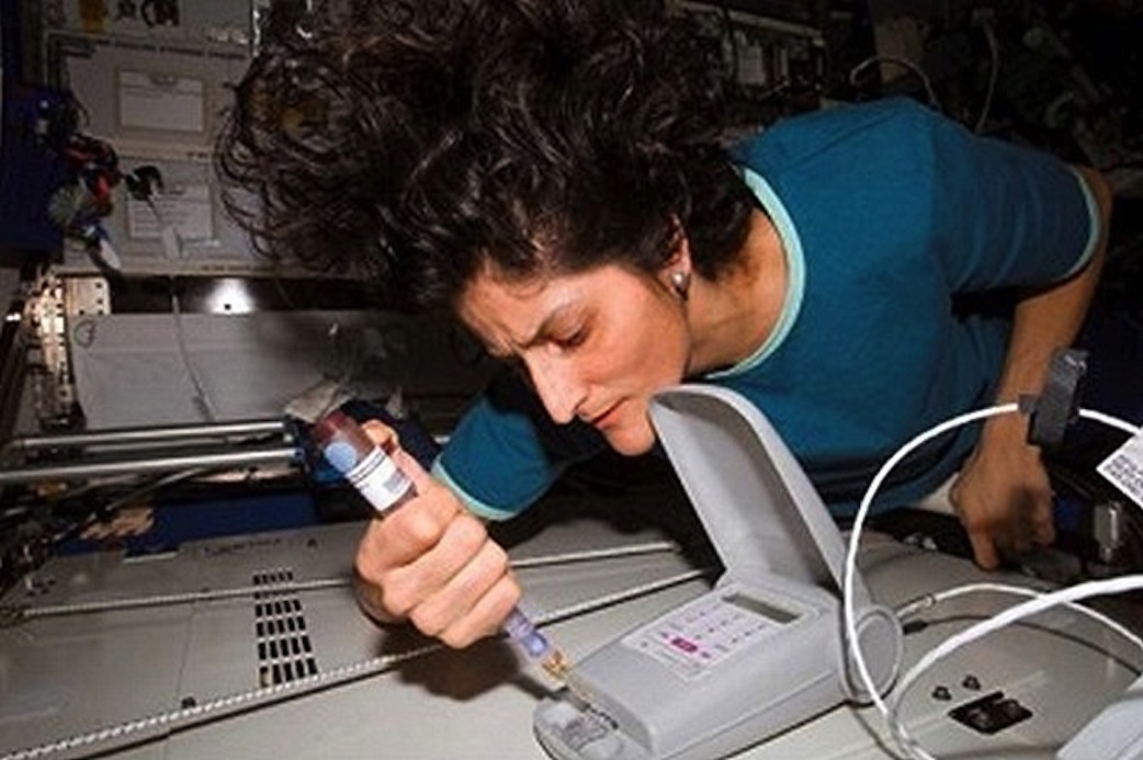 Astronaut Sunita Williams places a sample into test system