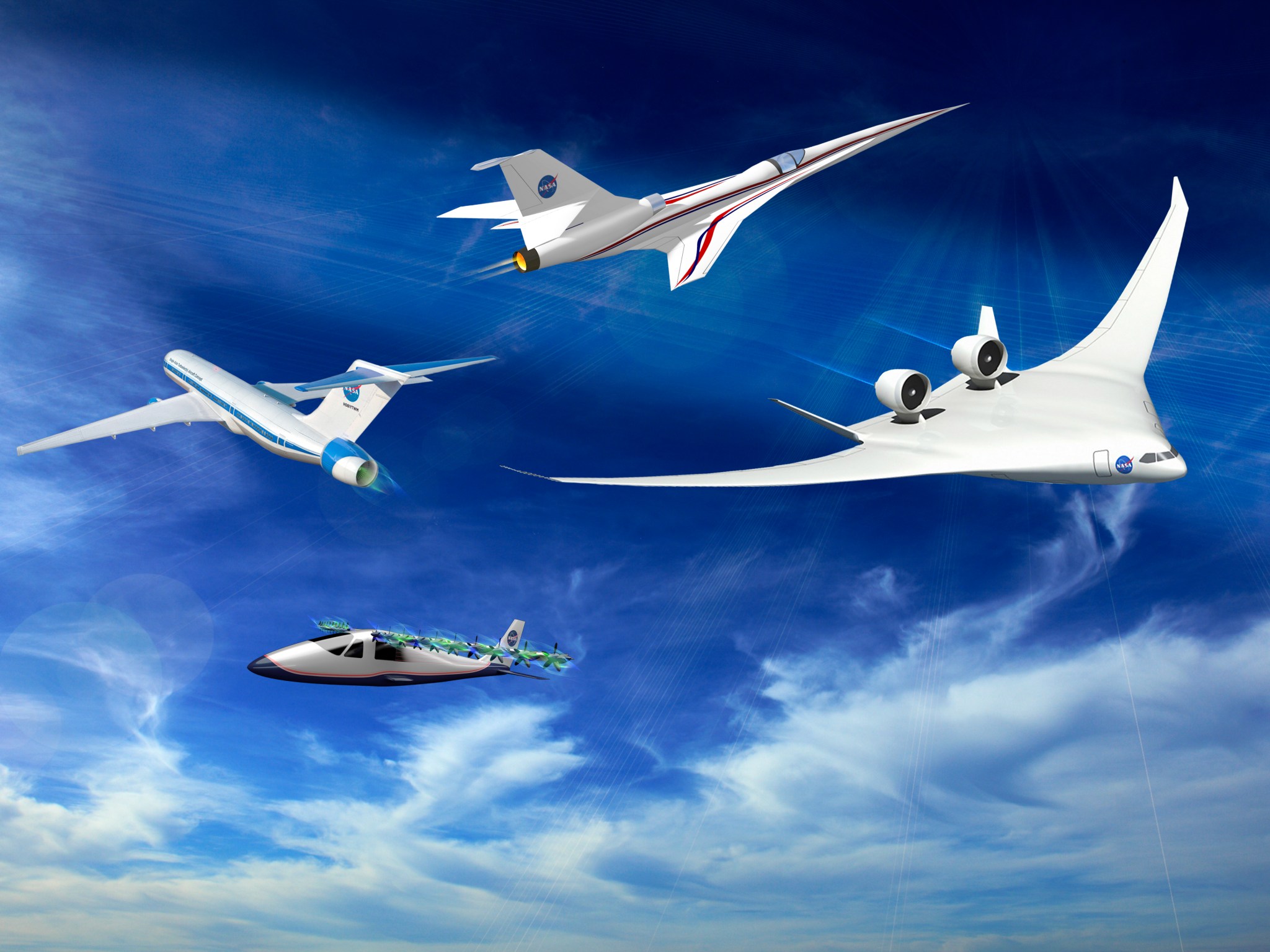 Artist concepts vehicles in flight across a blue sky.